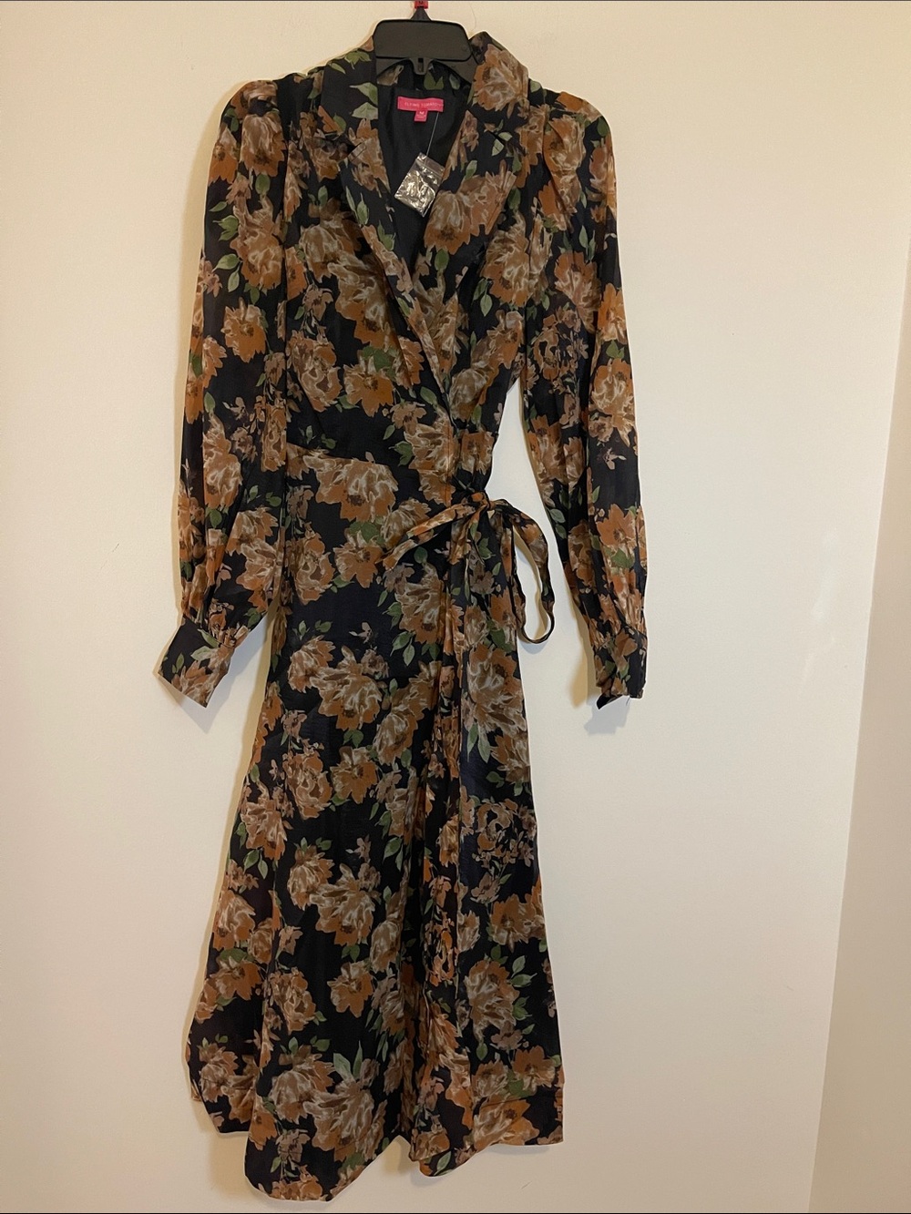 Flying Tomato Floral Wrap Midi Dress - Black with Brown Floral